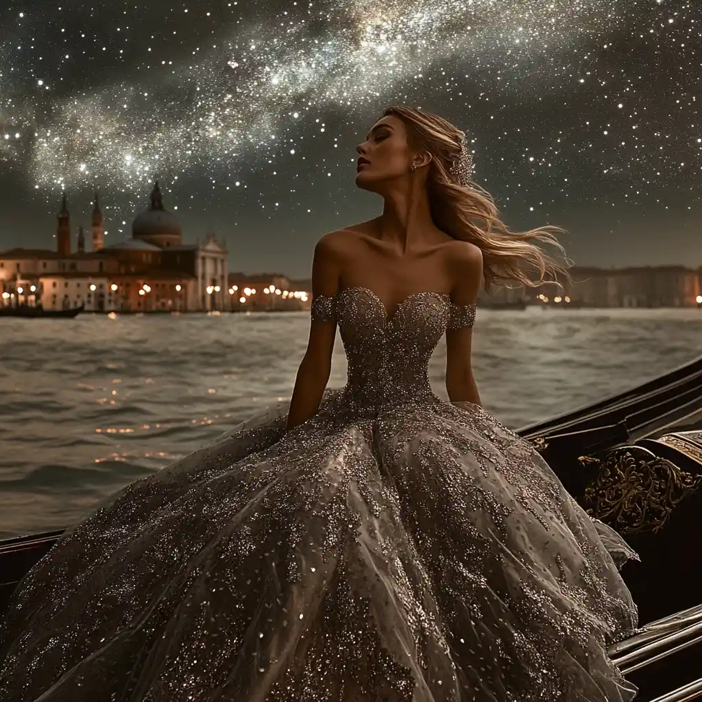 Uma mulher com um vestido prateado bordado senta-se numa gôndola veneziana sob as estrelas