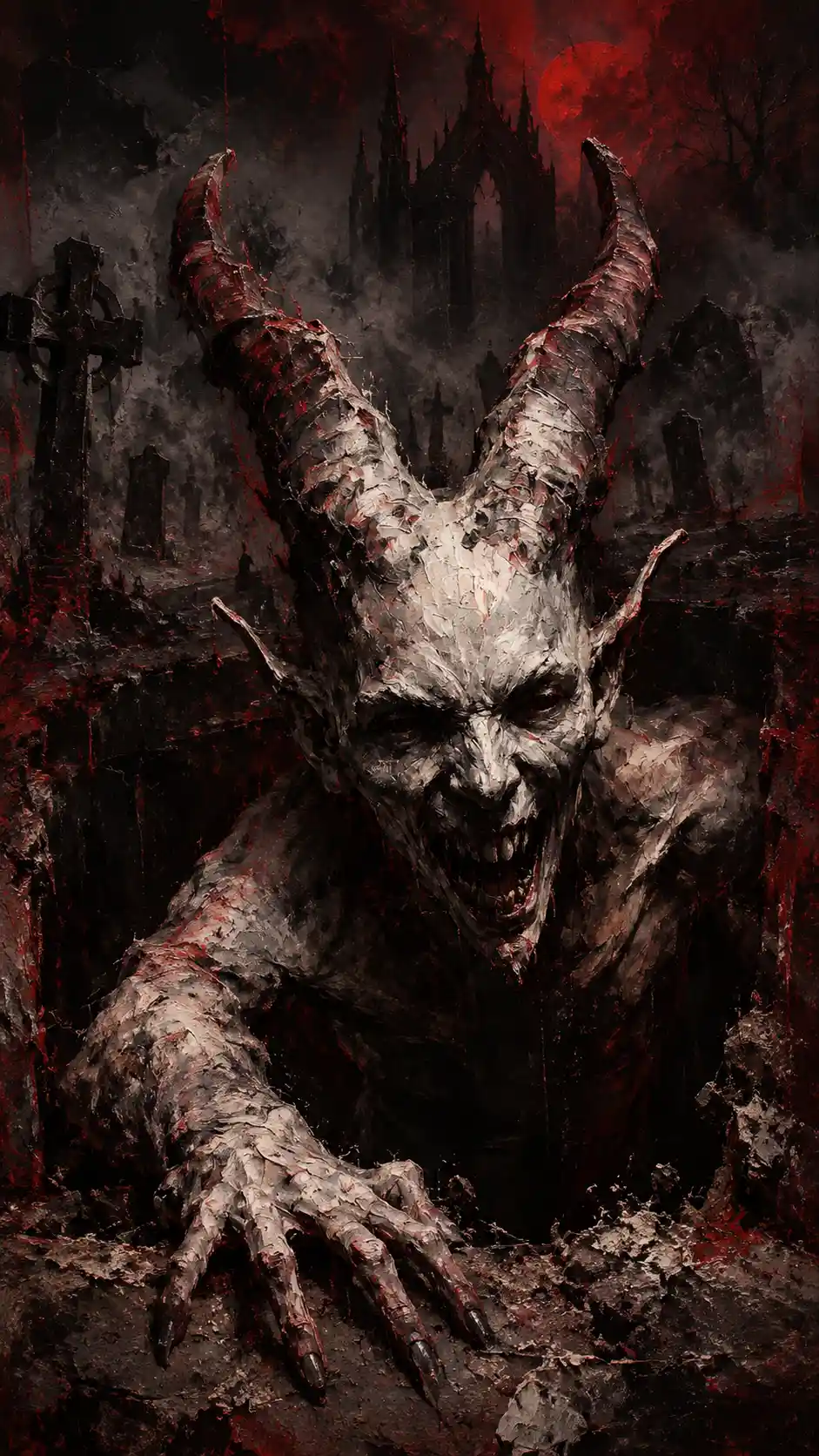 A horned skeleton crawls from a hole in a Gothic cemetery