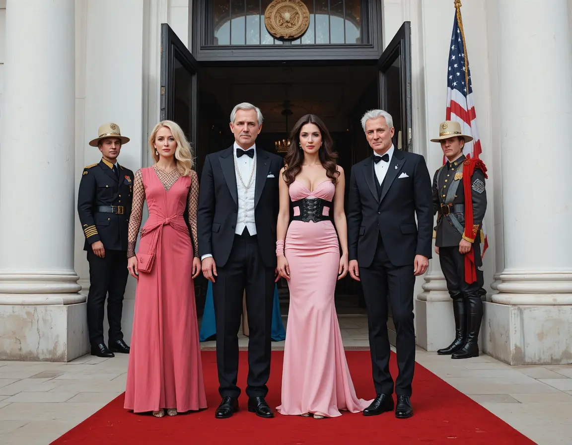 Four dignitaries pose on a red carpet before a white official building