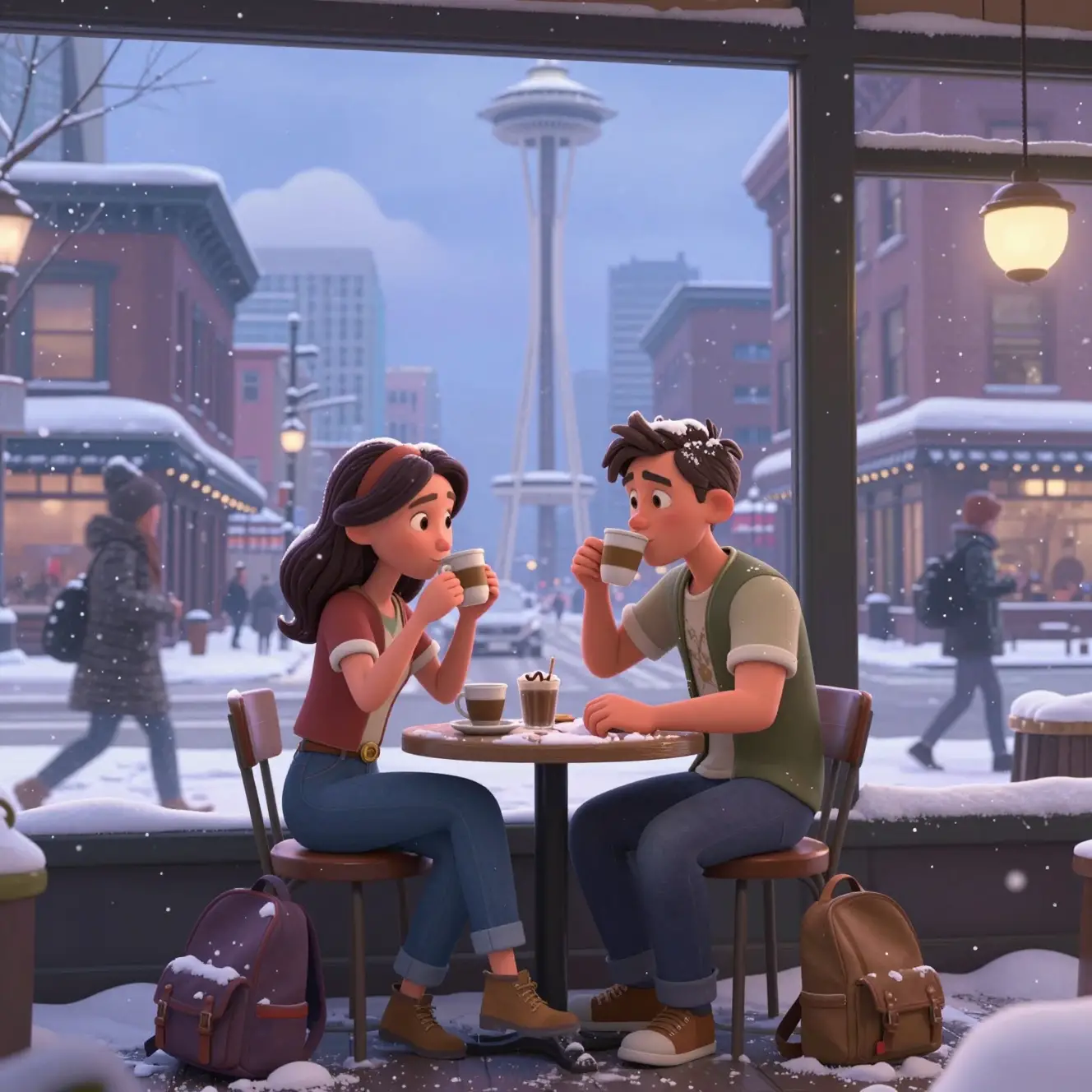 Ein Mann und eine Frau trinken gemeinsam Kaffee in einem verschneiten Café in Seattle