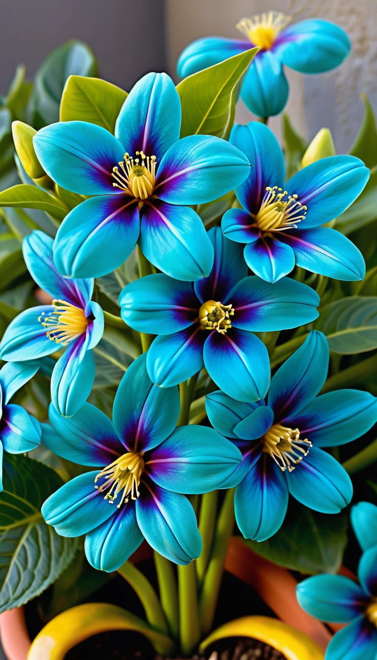 Uma planta com flores turquesa e amarelas cresce ao ar livre entre folhagens verdes