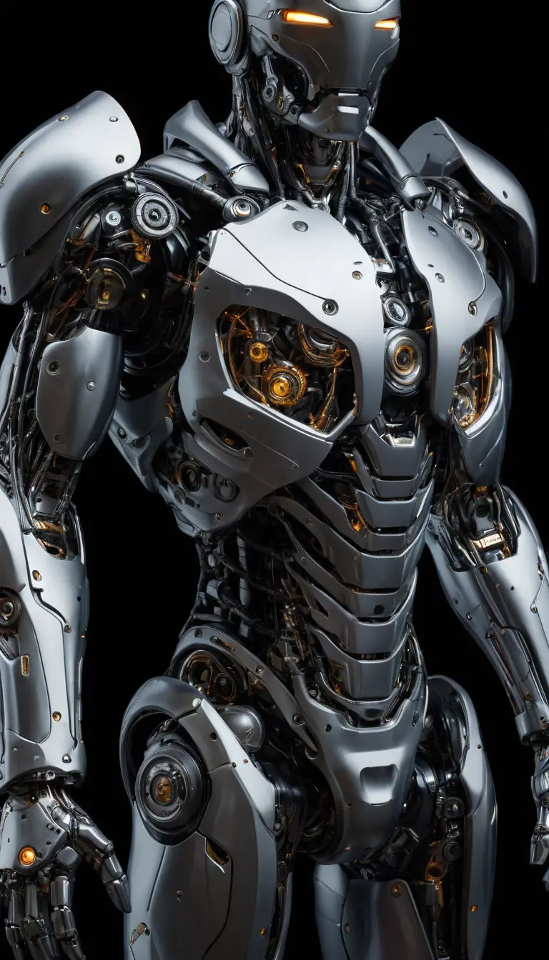 Die mechanische Anatomie eines humanoiden Cyborgs aus Chrom und Carbonfasern
