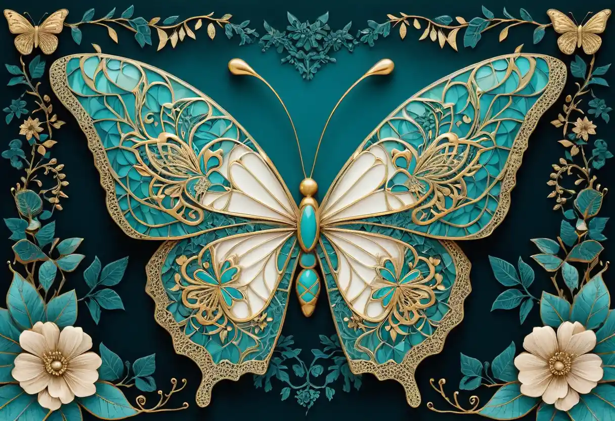 Borboleta em estilo zentangle turquesa com intrincadas mandalas e padrões florais