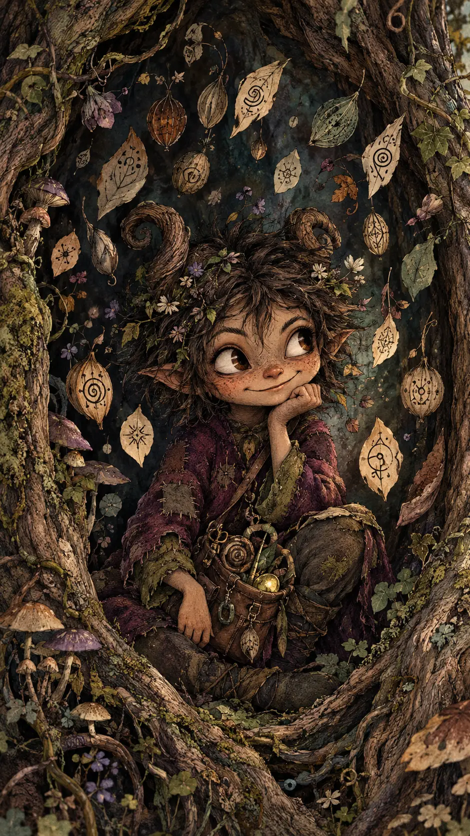 Ein schelmischer Waldkobold, umgeben von schwebenden botanischen Symbolen