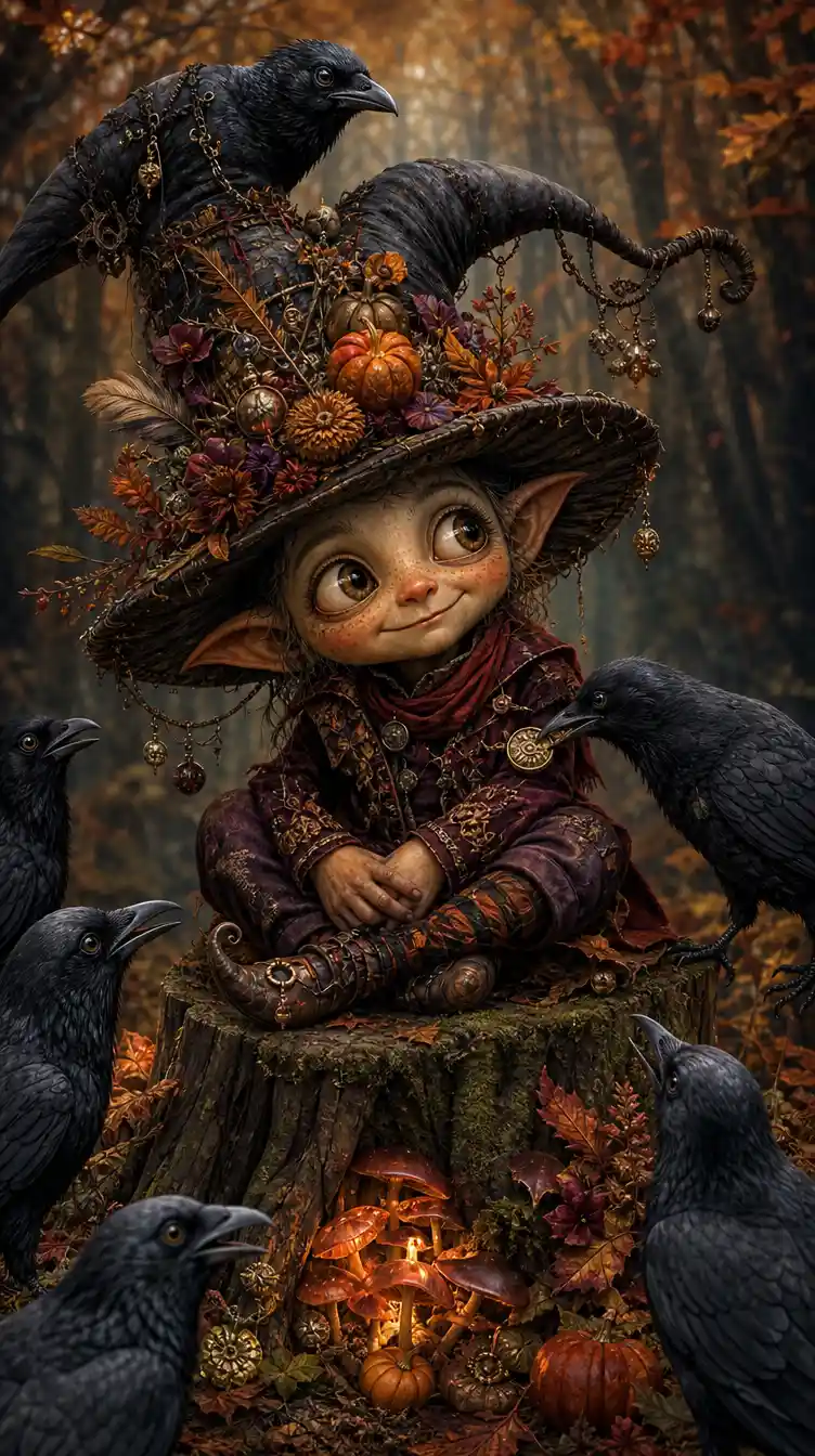 Um goblin da floresta senta-se com corvos astutos num toco coberto de musgo