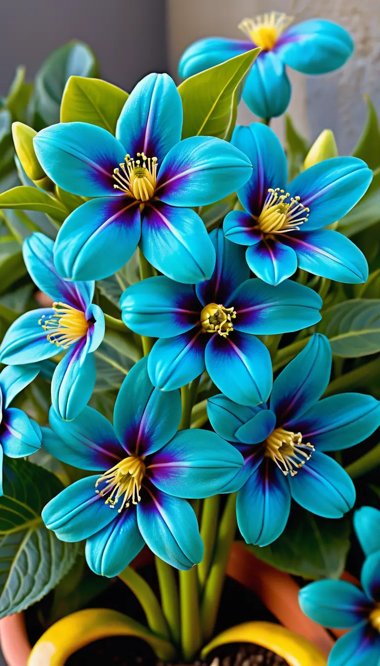 Una pianta con fiori turchesi e gialli cresce all'aperto tra il fogliame verde