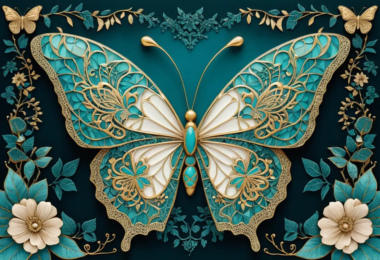 Turquoise zentangle butterfly with intricate mandala and floral patterns
