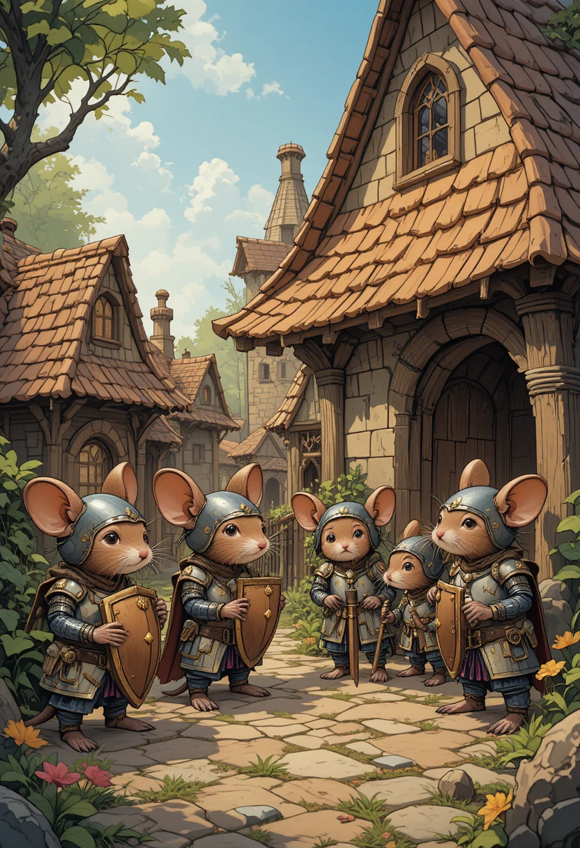 Pequeños caballeros ratón se preparan para vivir aventuras más allá de su aldea medieval