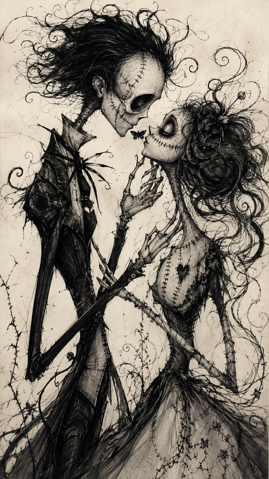 Um cavalheiro esquelético e uma mulher boneca de pano se encaram, com uma mariposa entre eles
