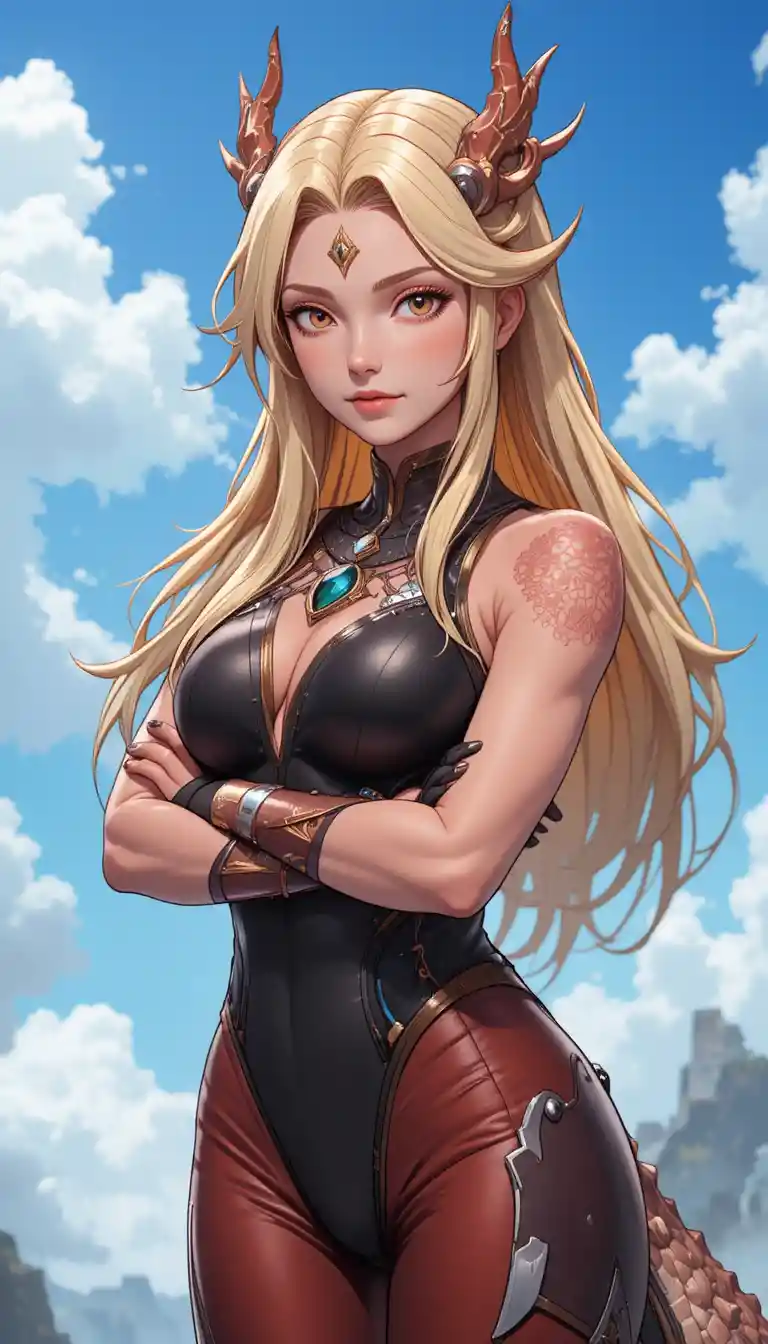 A dragon warrior woman with golden hair and curved horns