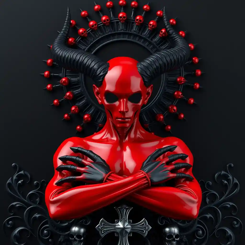 A faceless horned figure with red skin before a radiant black halo