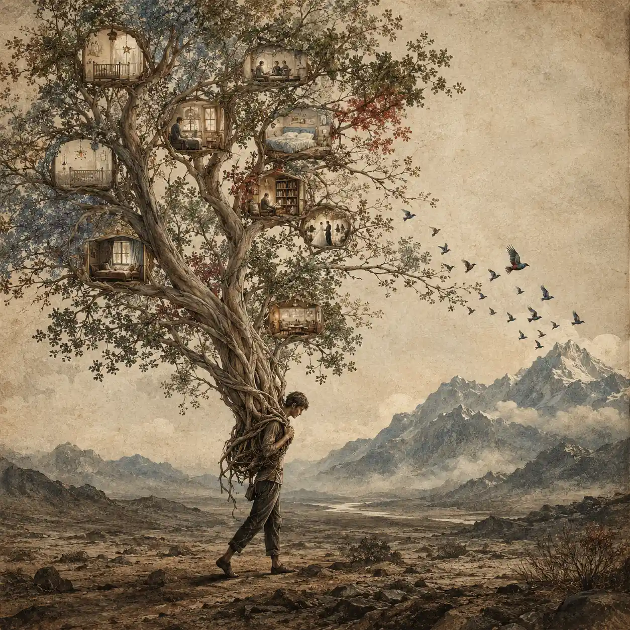 A small figure carries a translucent tree across a vast barren landscape