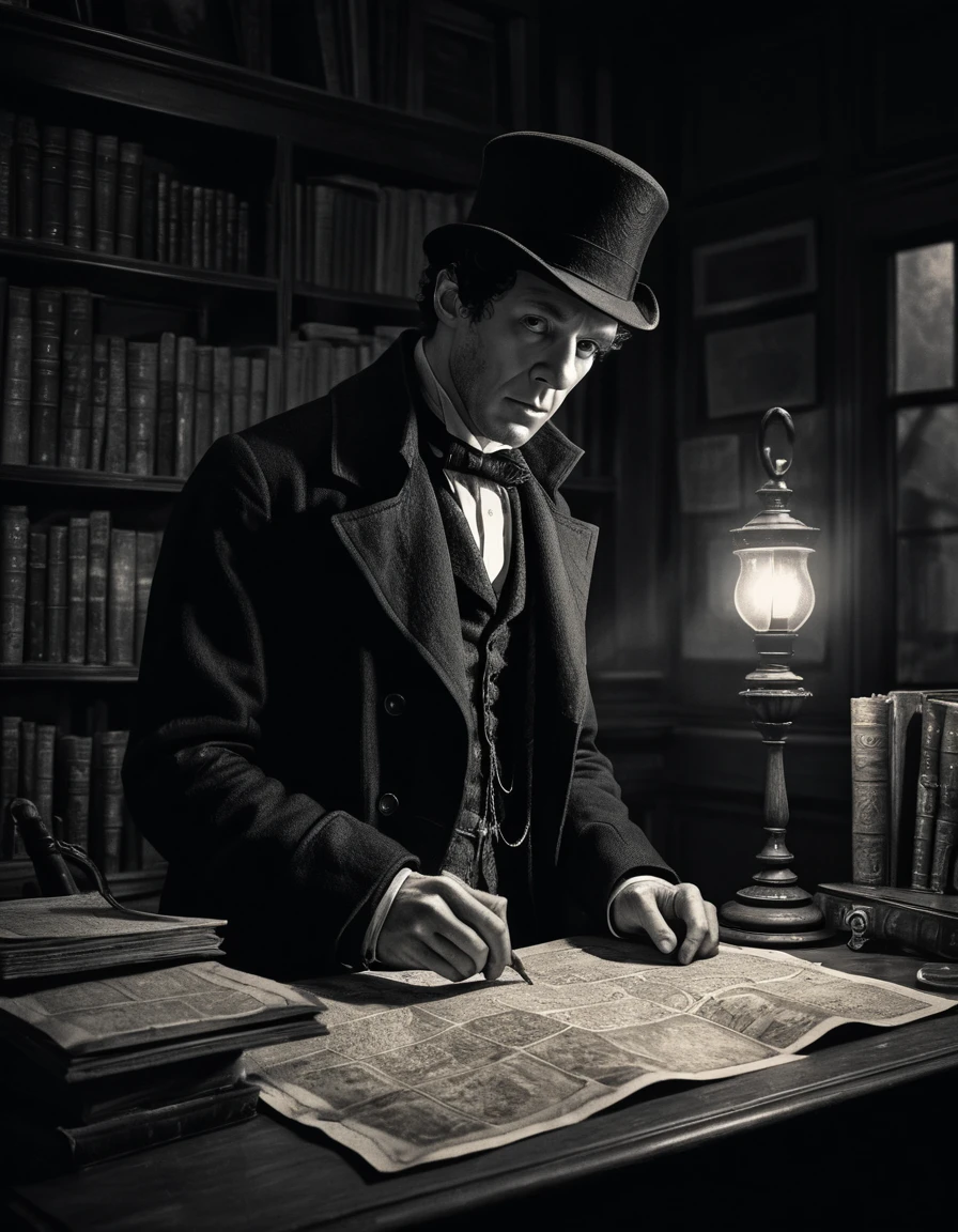 Sherlock Holmes esamina gli indizi in uno studio vittoriano poco illuminato