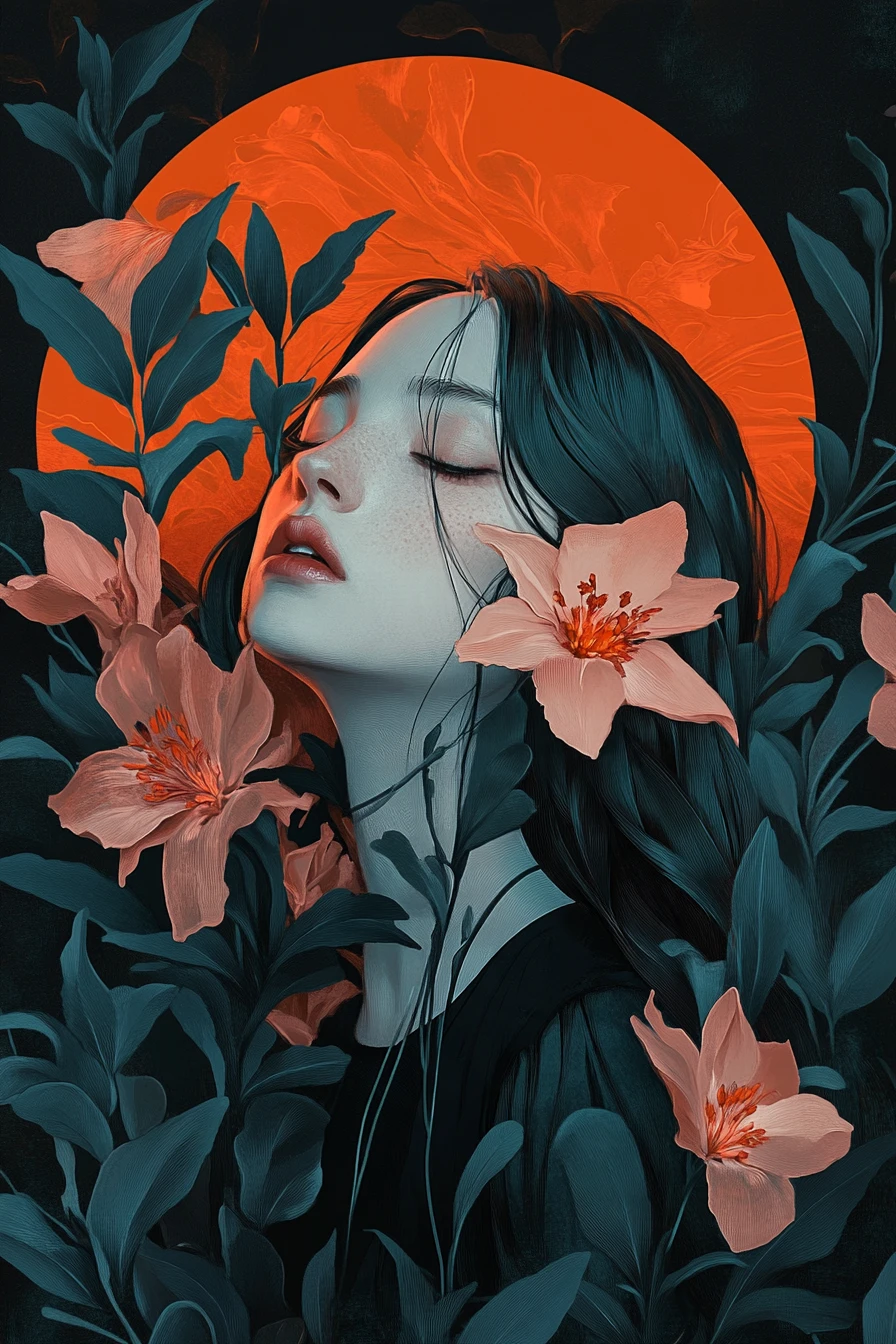An anime woman framed by flowers against a moody teal background