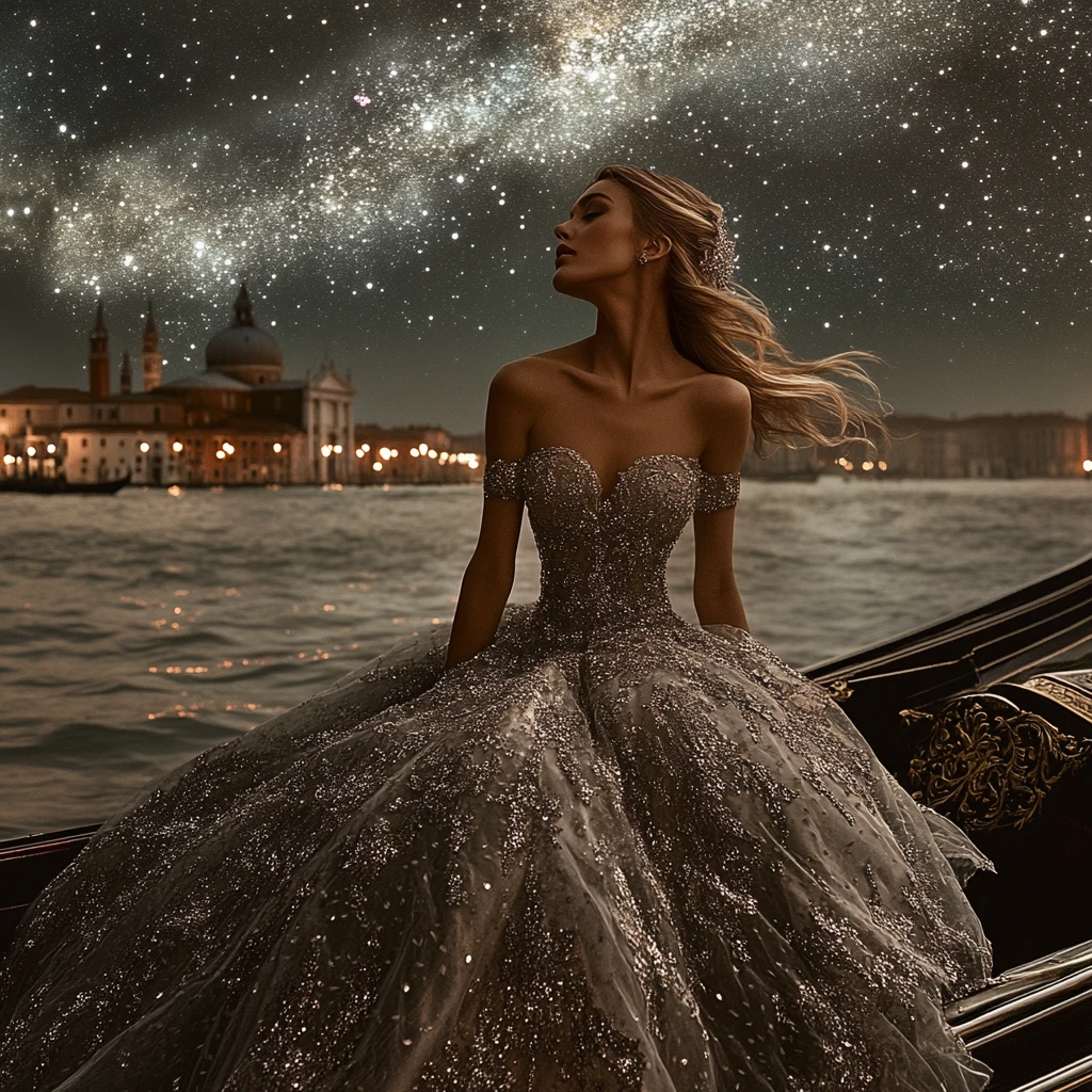 Uma mulher com um vestido prateado bordado senta-se numa gôndola veneziana sob as estrelas