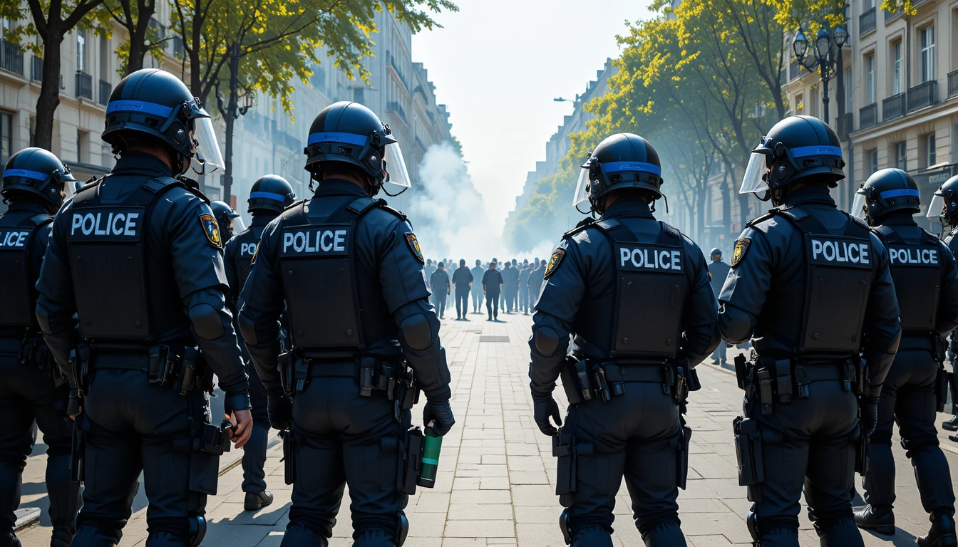 Agenti antisommossa francesi su un marciapiede cittadino durante i disordini
