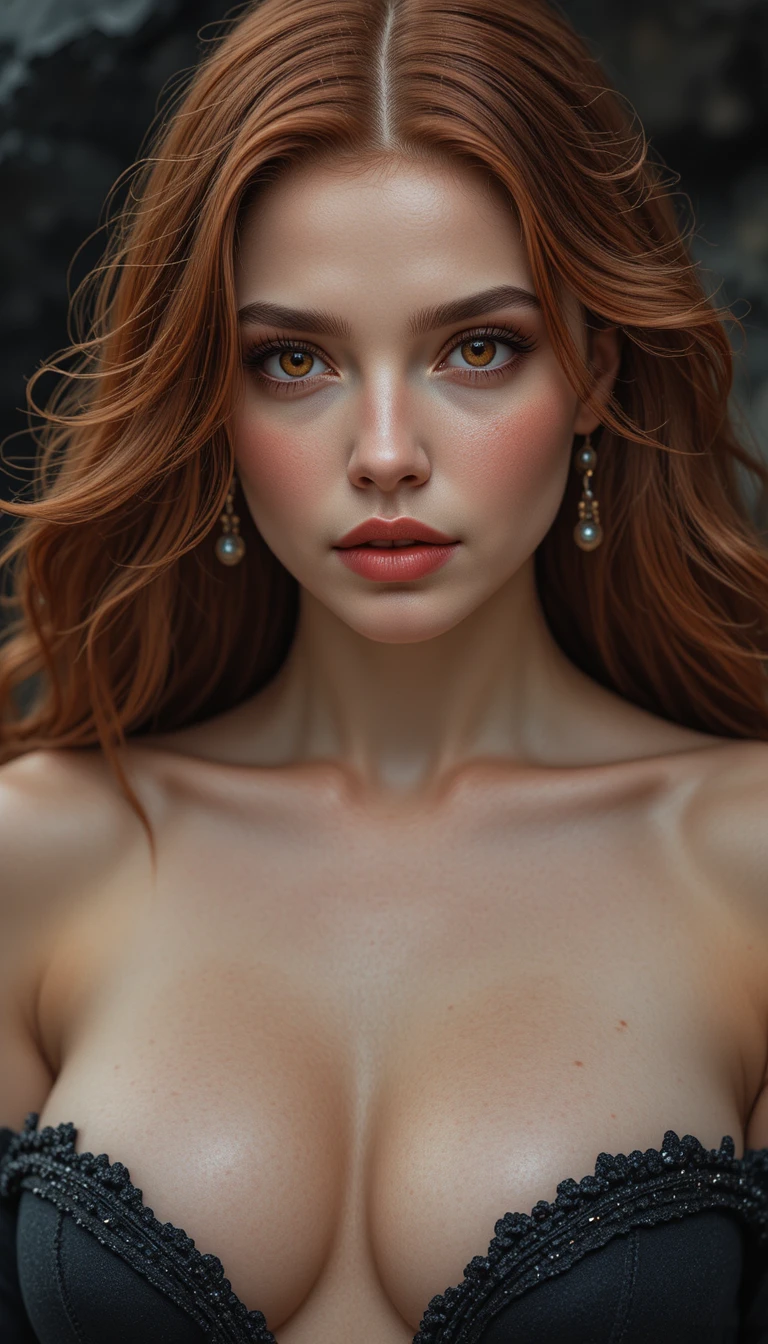 Uma mulher fantástica com sardas, cabelos carmesim e olhos vermelhos flamejantes