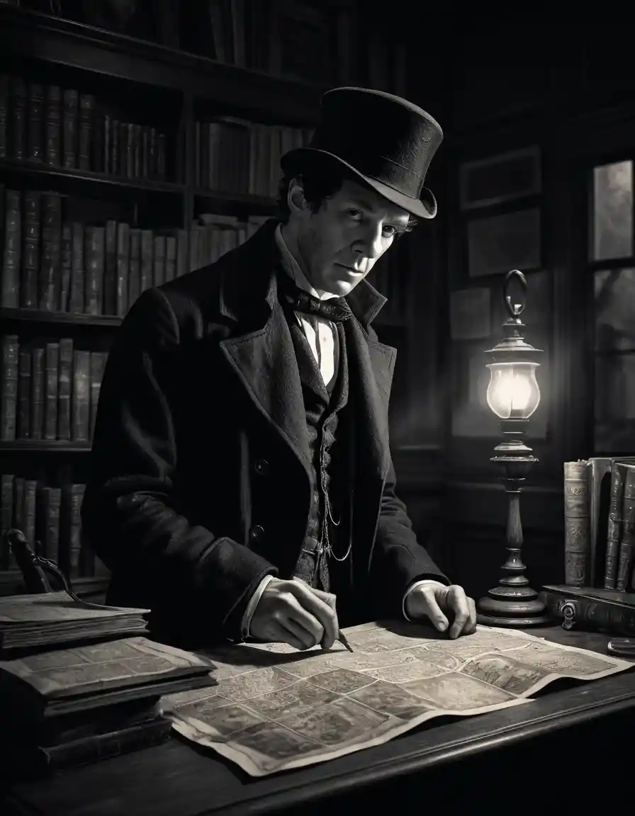 Sherlock Holmes esamina gli indizi in uno studio vittoriano poco illuminato
