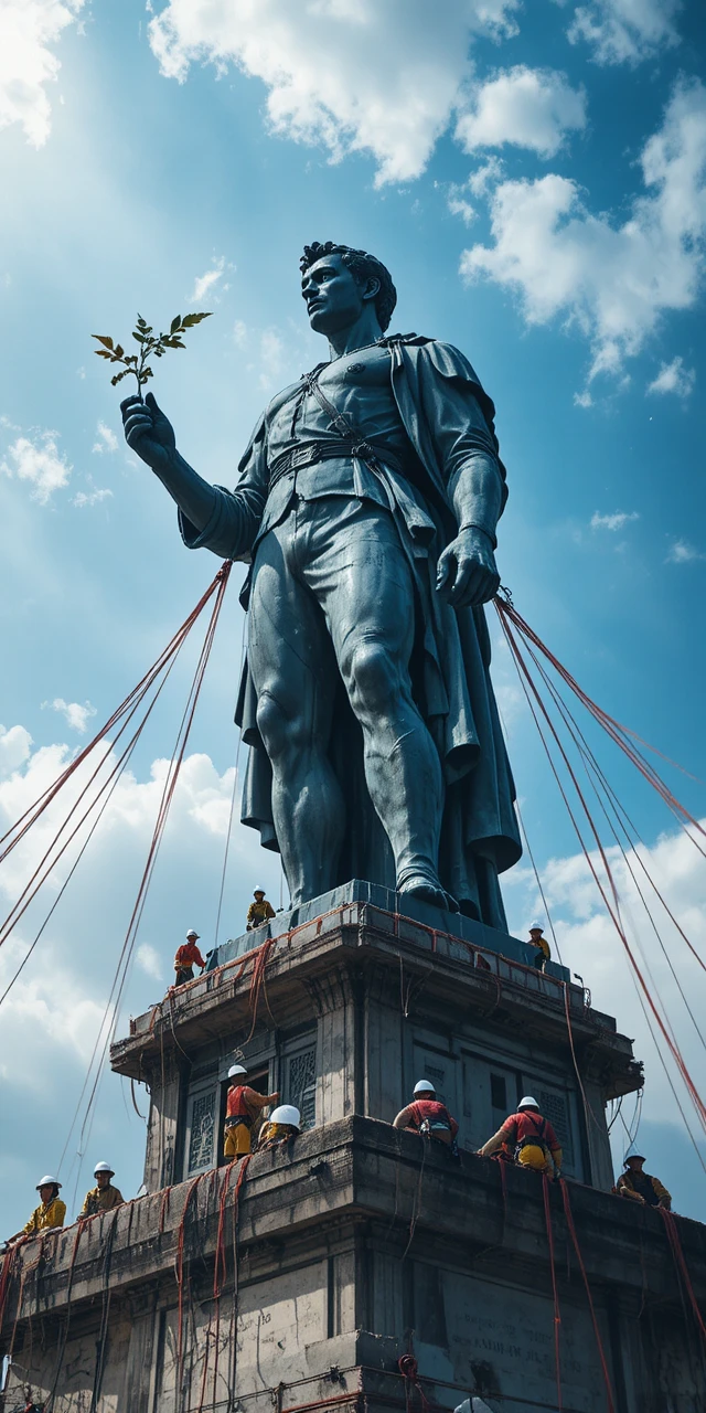 Uma estátua monumental de bronze ergue um ramo de louro em direção ao céu