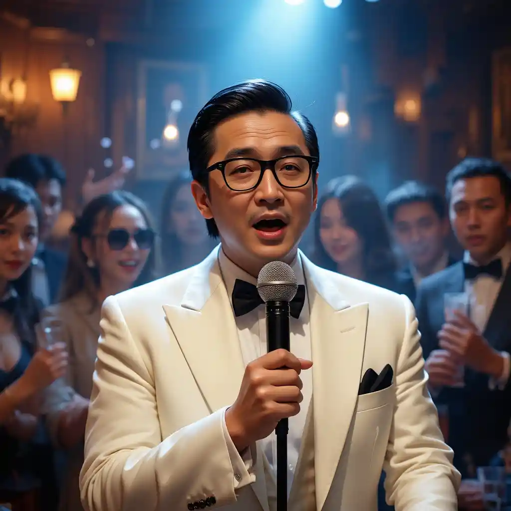 A Chinese crooner sings in a white tuxedo as club patrons boo