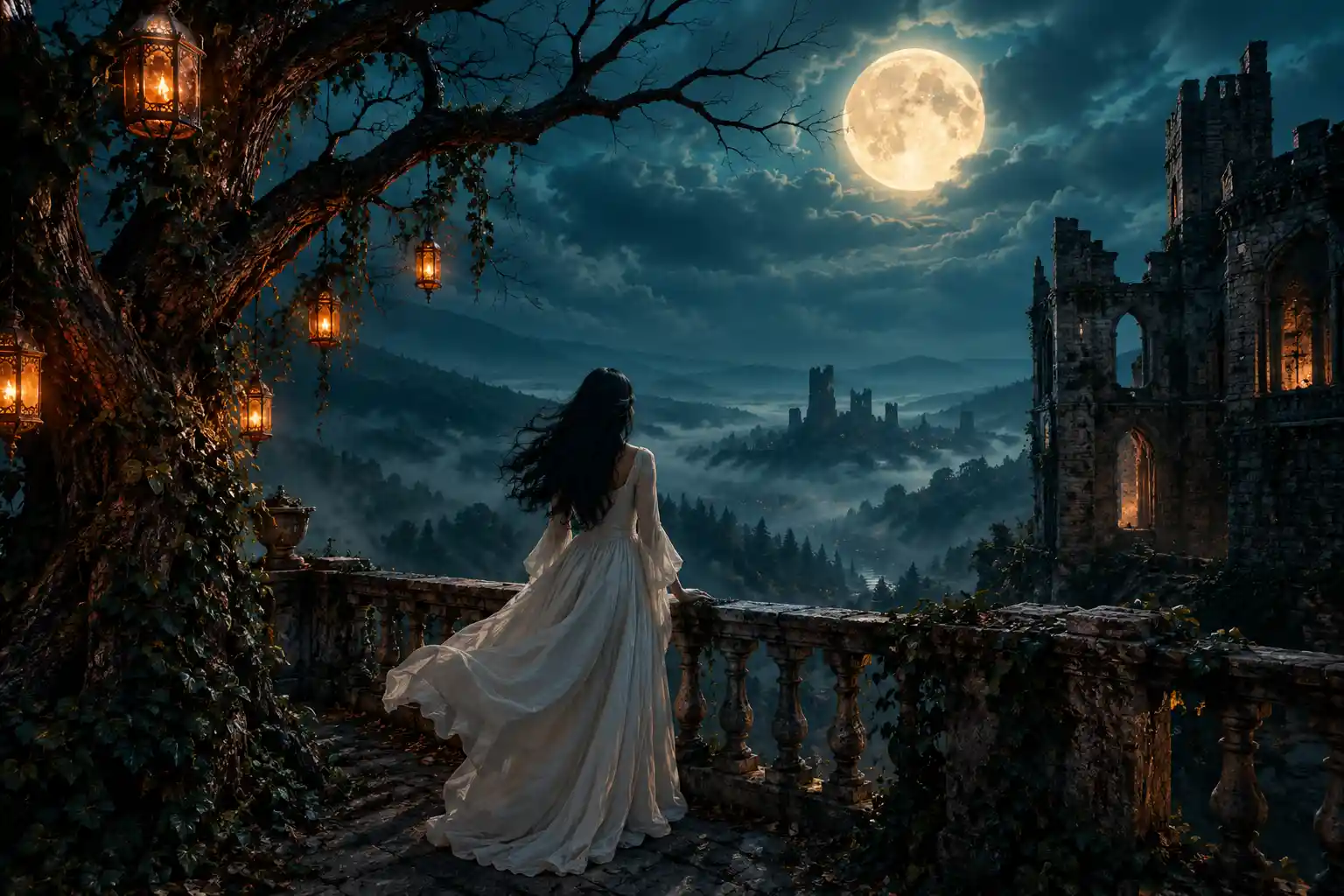 Uma mulher vestida de branco está sobre um castelo em ruínas, acima de um vale banhado pelo luar