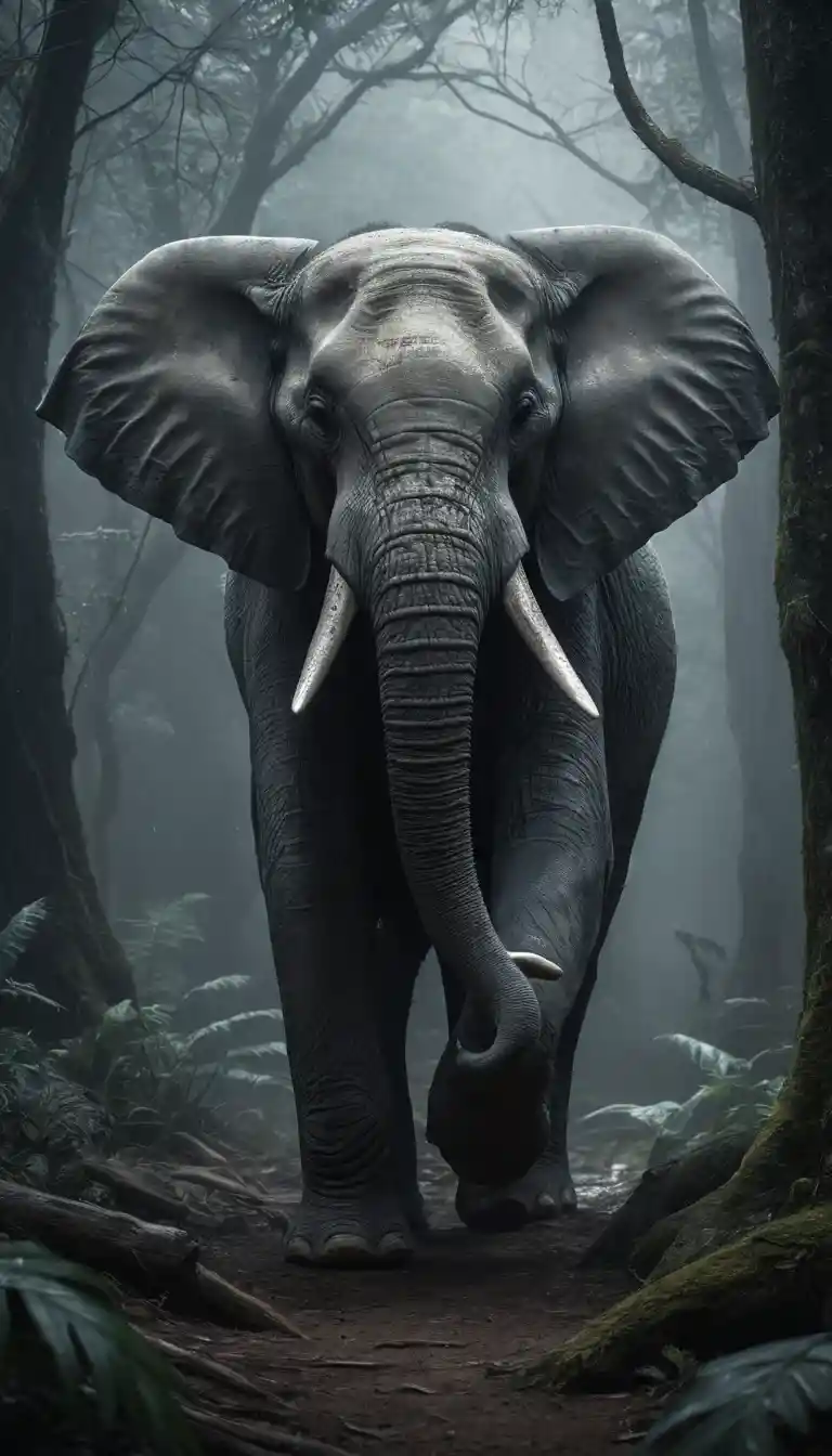 A muscular elephant beast looms across a misty twilight forest