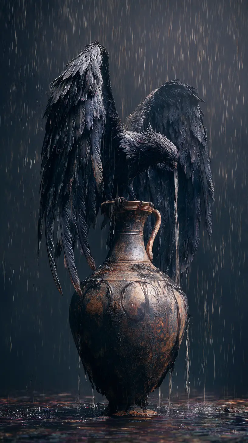 Fallen angel pours dark rain from a single-handled amphora