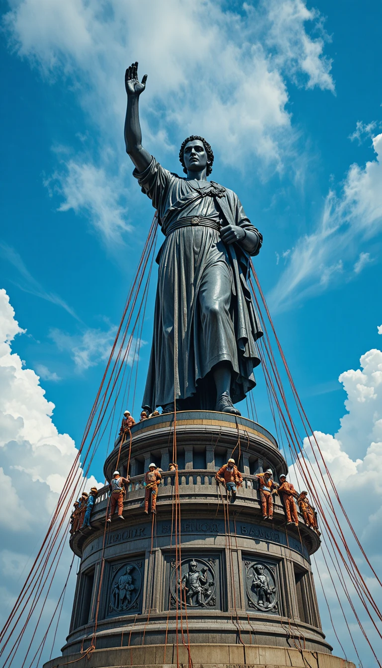 A bronze statue rises above workers beneath a blue sky
