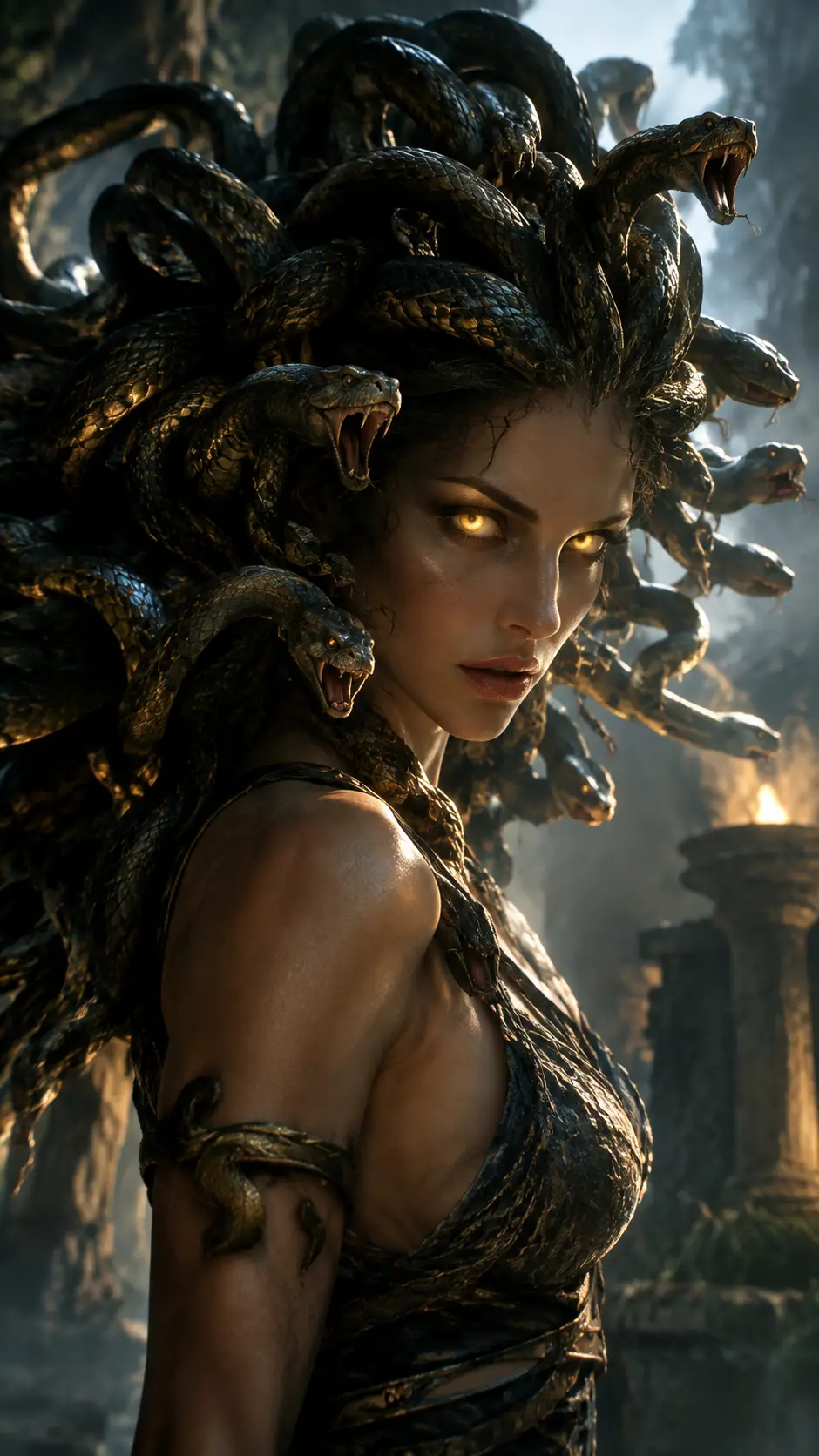 A gorgon’s glowing eyes emerge through volumetric fog and chiaroscuro