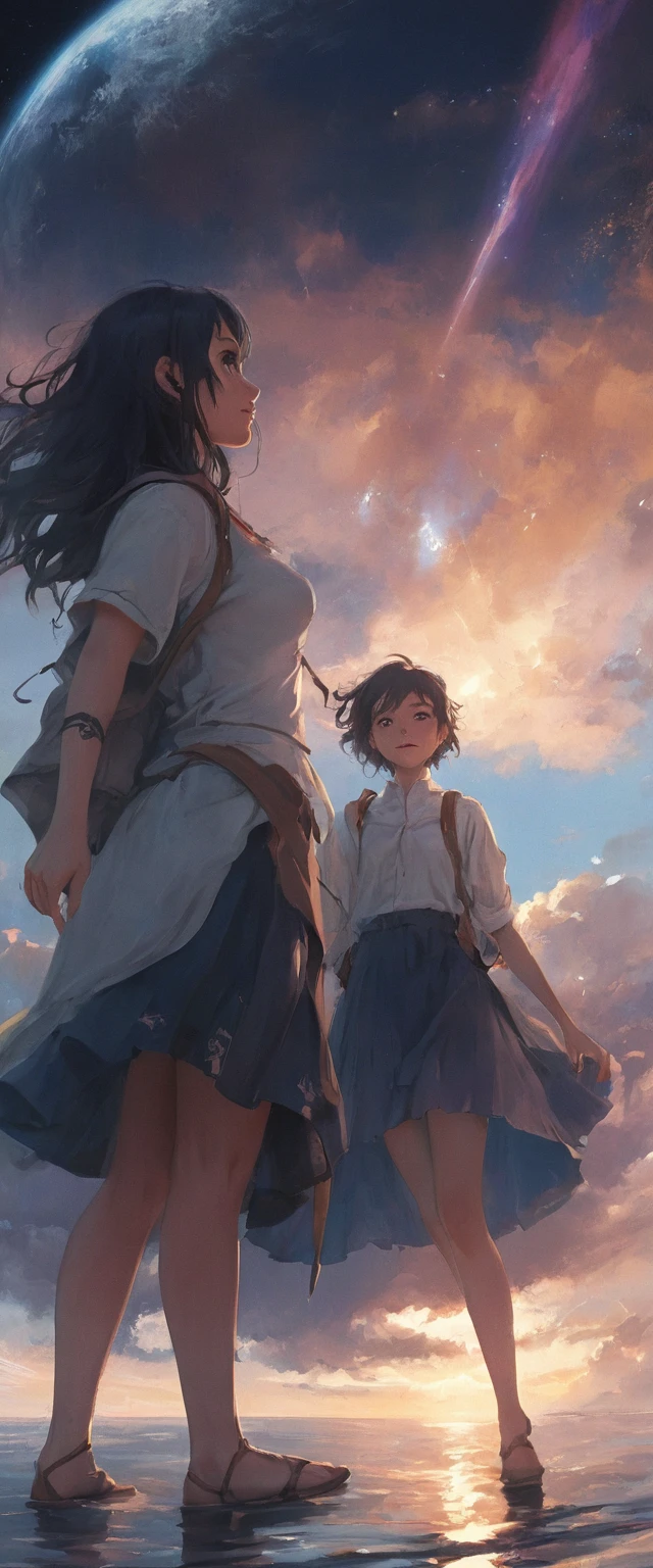 Verspielte Anime-Charaktere vor einer weitläufigen, magischen Kulisse
