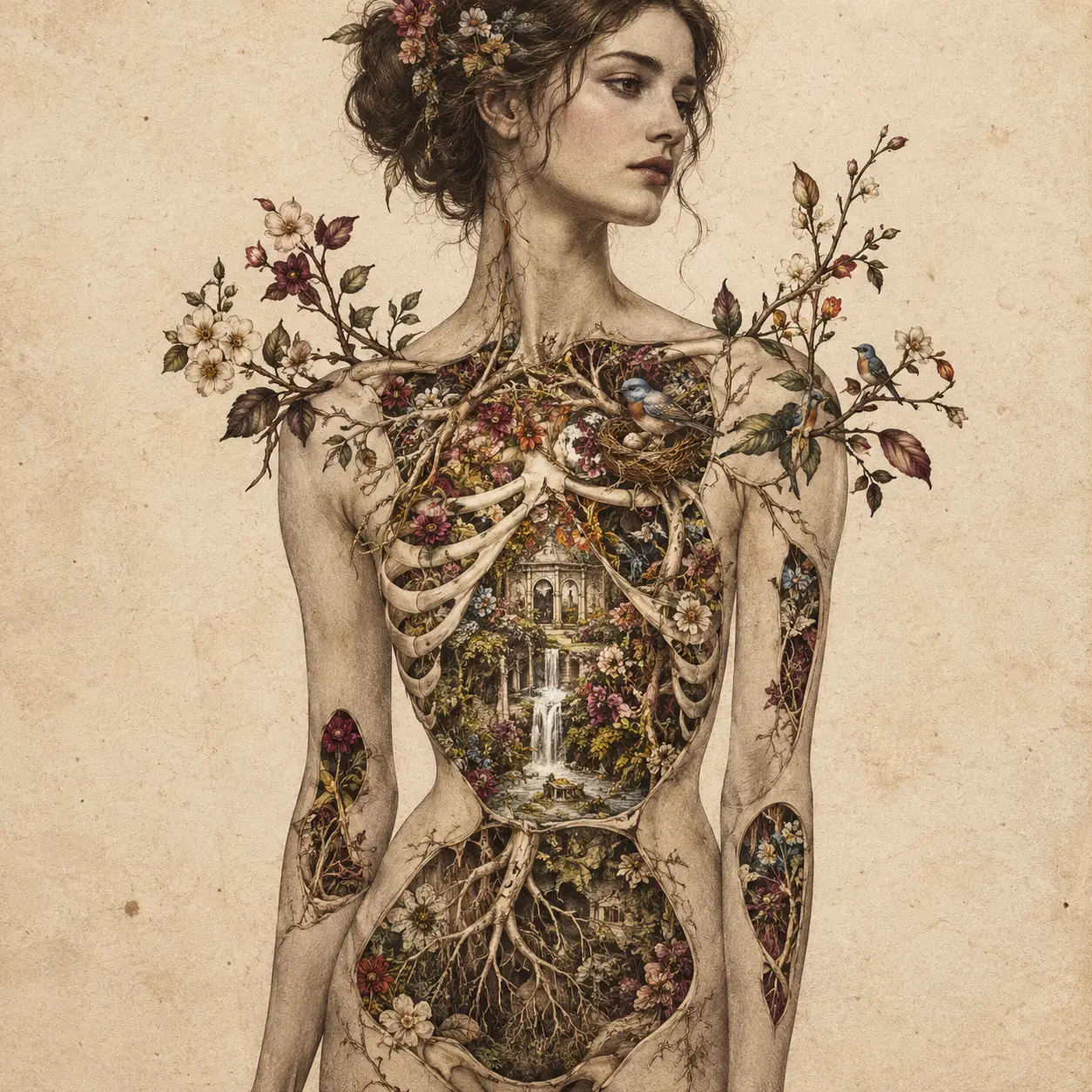 A still human figure reveals a garden growing within the body