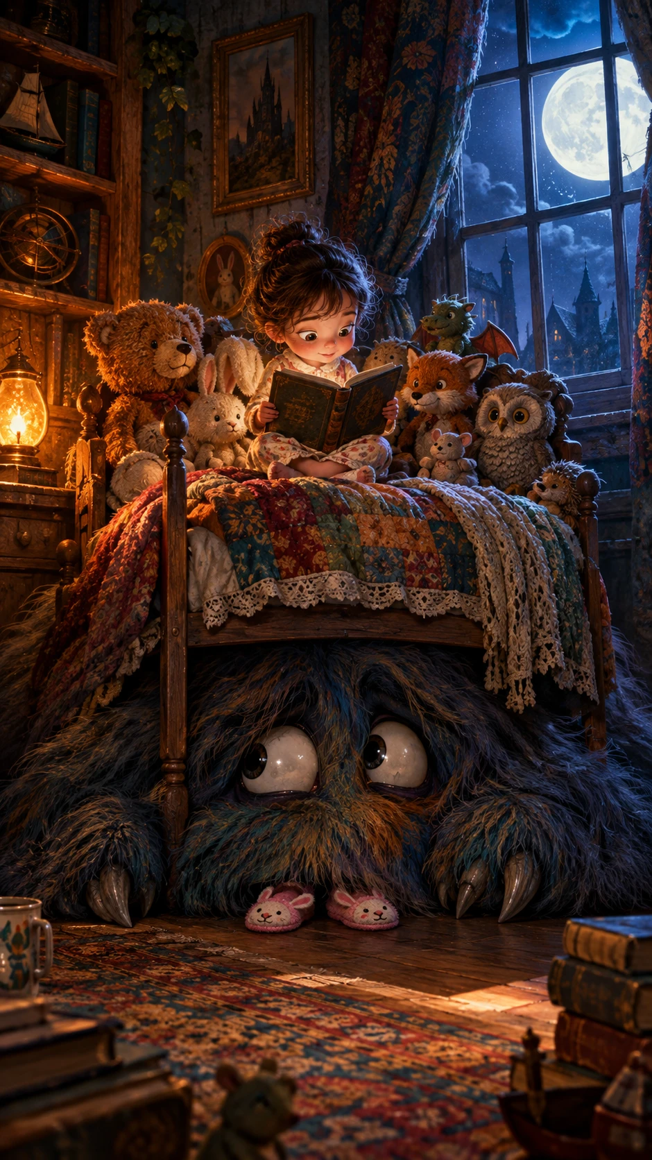 A Tiny Child Reads Above A Giant Monster Hiding Under A Bed