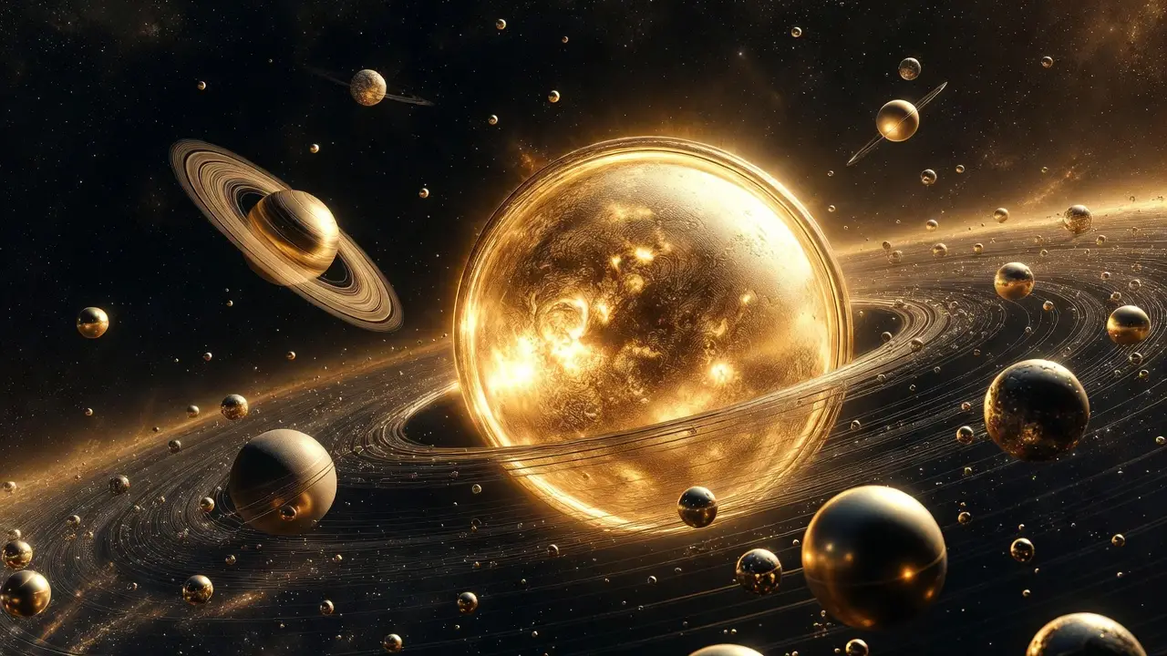 外太空中的仿生態太陽系，點綴拋光金色細節