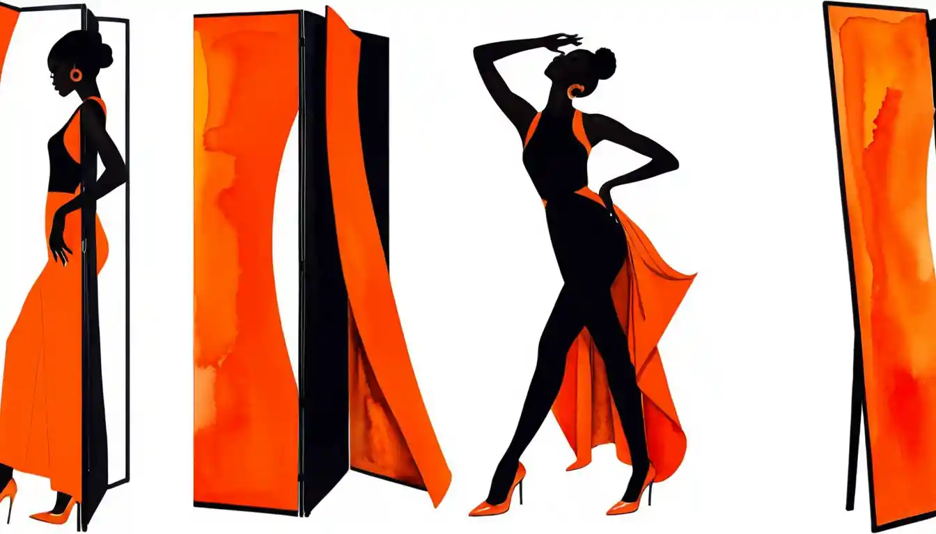 Ilustração de moda de uma mulher a sair de trás de um biombo laranja