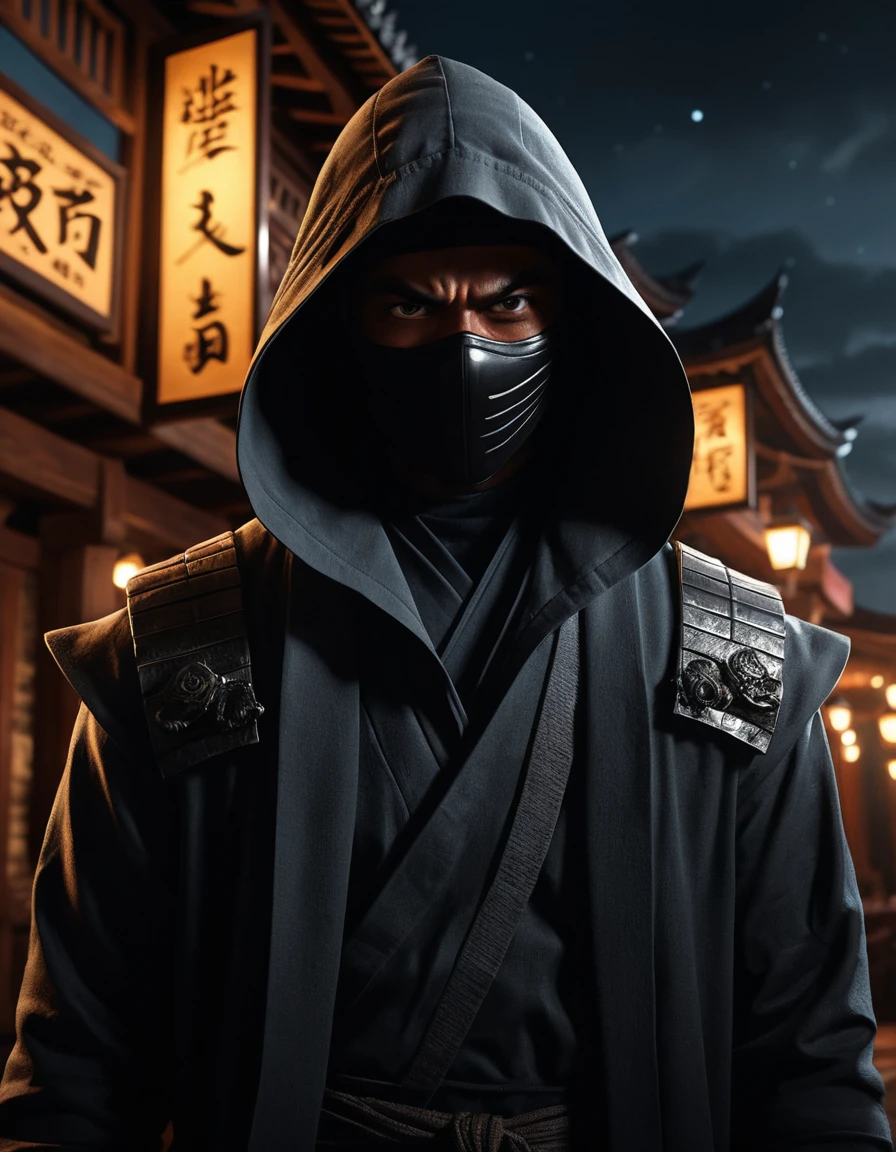 Um ninja encapuzado está sob o luar no pátio de um pagode