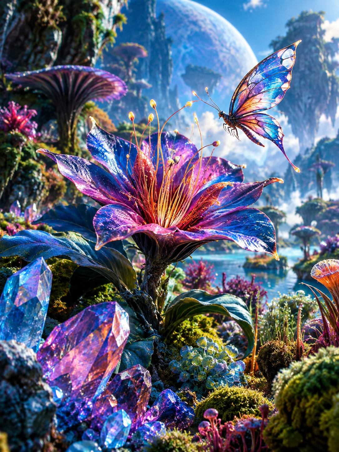 Nahaufnahme einer außerirdischen Blume zwischen kristallinen Felsen und Pflanzen eines fremden Planeten