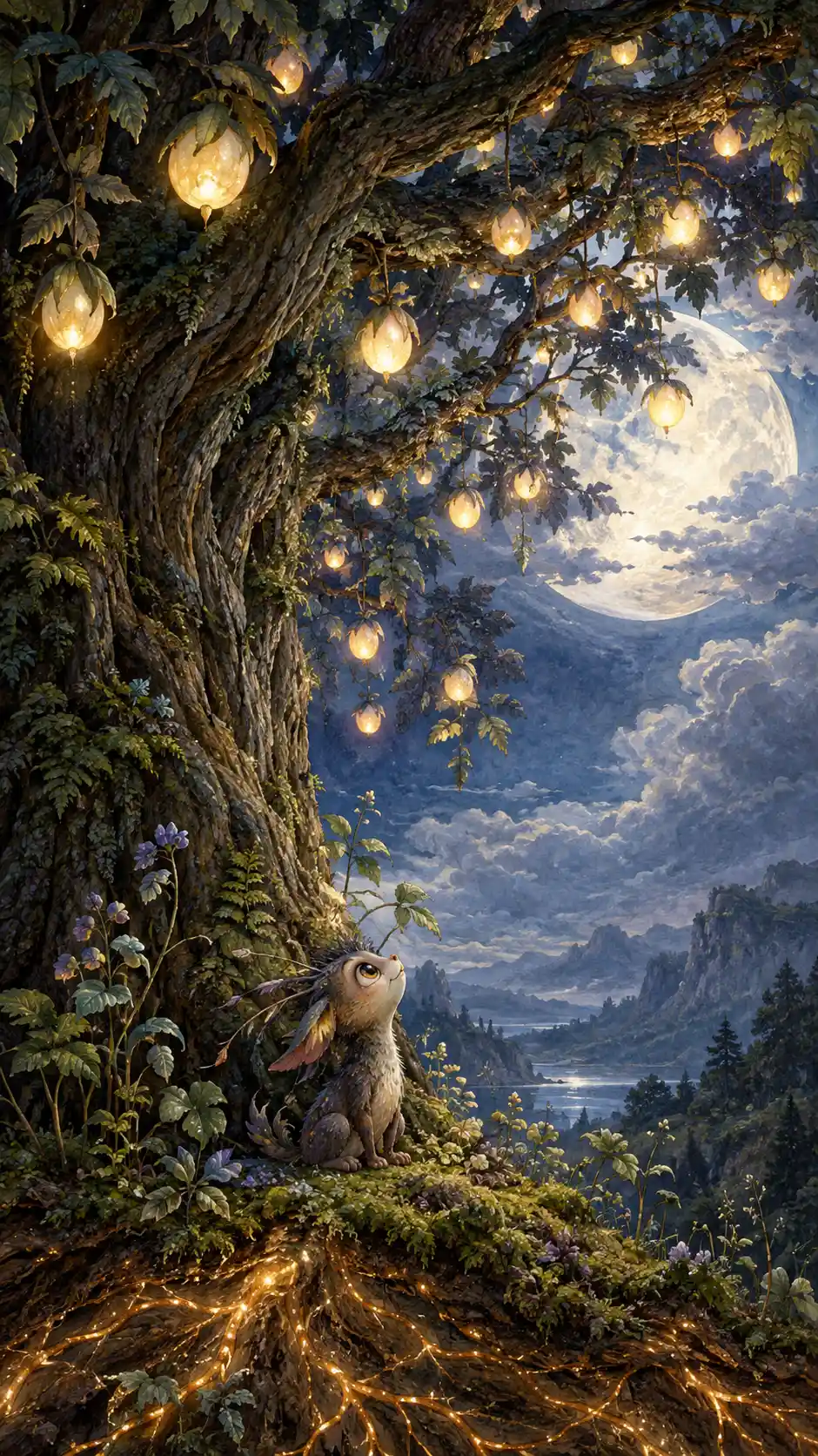 A tiny woodland creature gazes up beneath a moonlit ancient tree