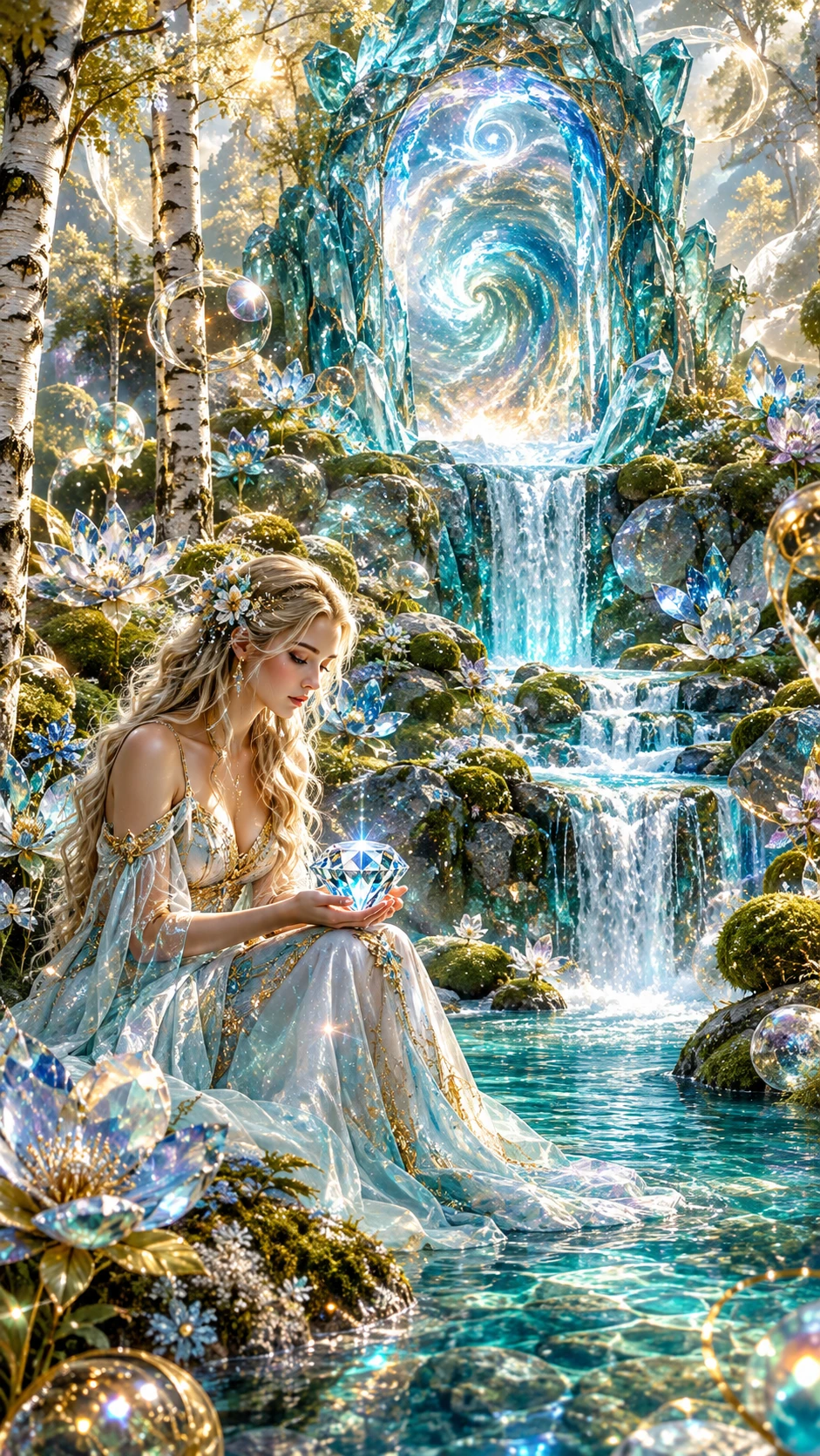 Uma cachoeira jorra de um portal místico e corre sobre rochas de vidro em uma floresta de fantasia