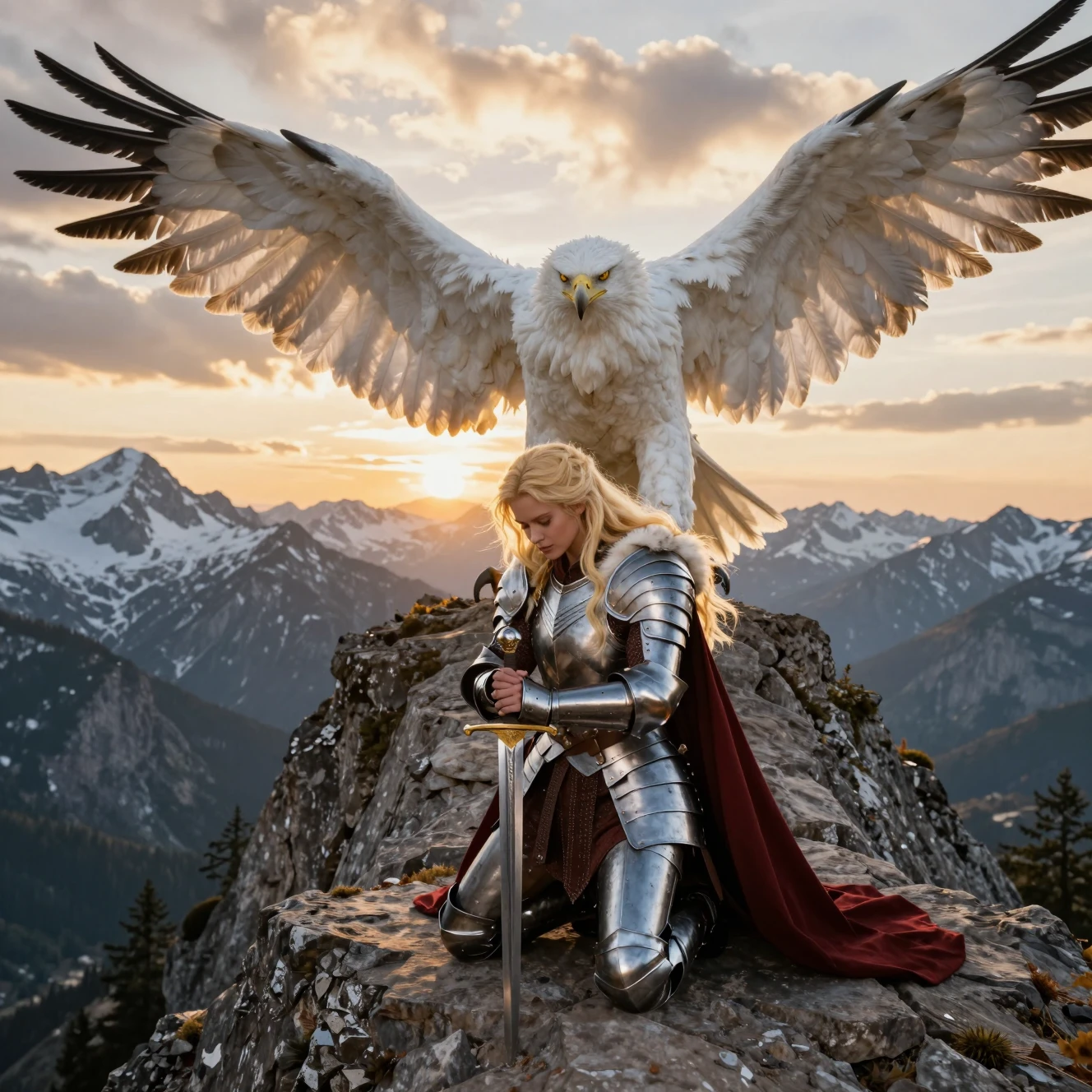 Uma guerreira loira ajoelha-se num penhasco ao pôr do sol