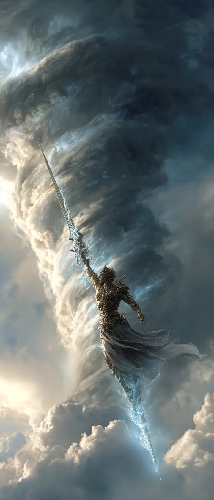 A wind god wields an elemental sword within a swirling tornado