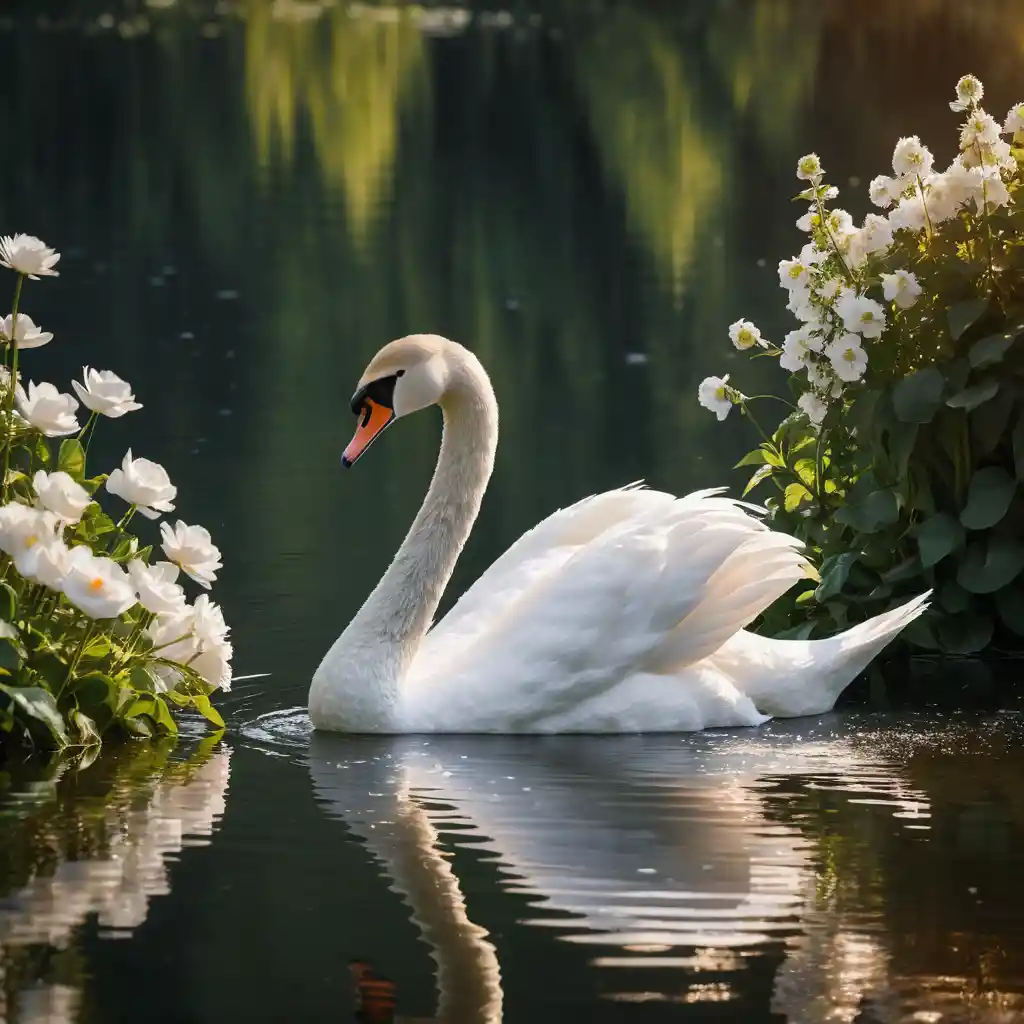 Un cygne se tient avec grâce sur un lac paisible, au milieu de la verdure et des fleurs