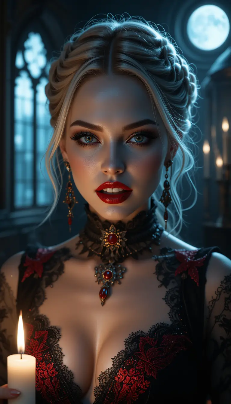A vampire queen reveals sharp fangs in a gothic close-up portrait
