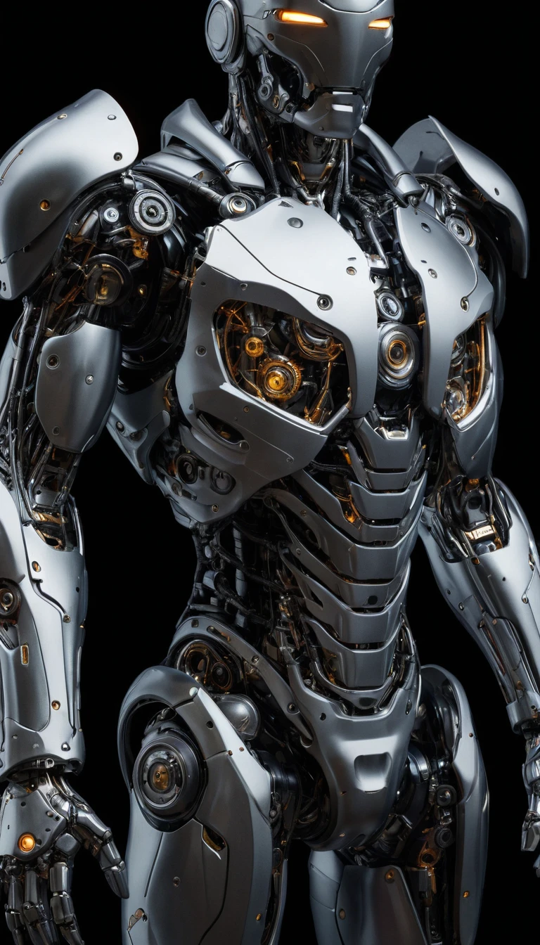 L’anatomia meccanica di un cyborg umanoide in cromo e fibra di carbonio