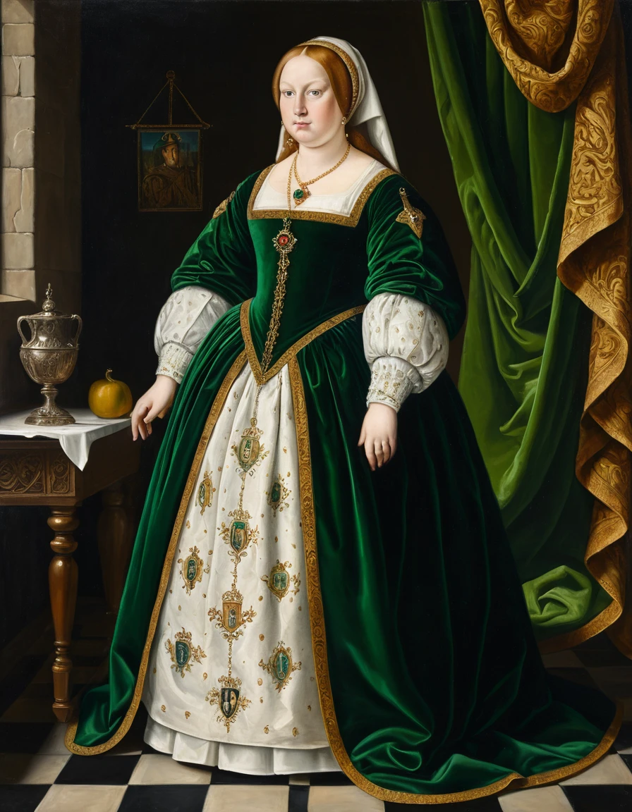 Retrato renascentista de uma mulher com trajes nobres de veludo esmeralda