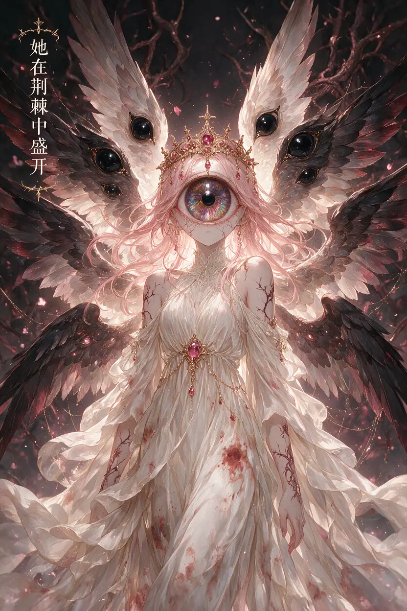 A seraph reveals her enormous eye beneath a corrupted holy disguise