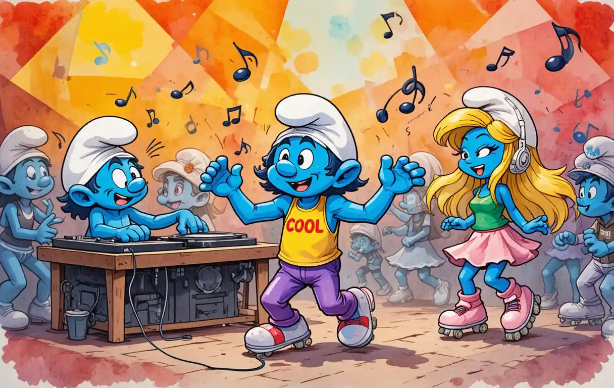 Os Smurfs dançam em uma festa de desenho animado colorida com um cenário geométrico