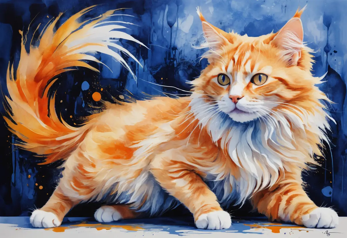 Un chat orange tout doux s'étire devant un fond bleu abstrait éclatant