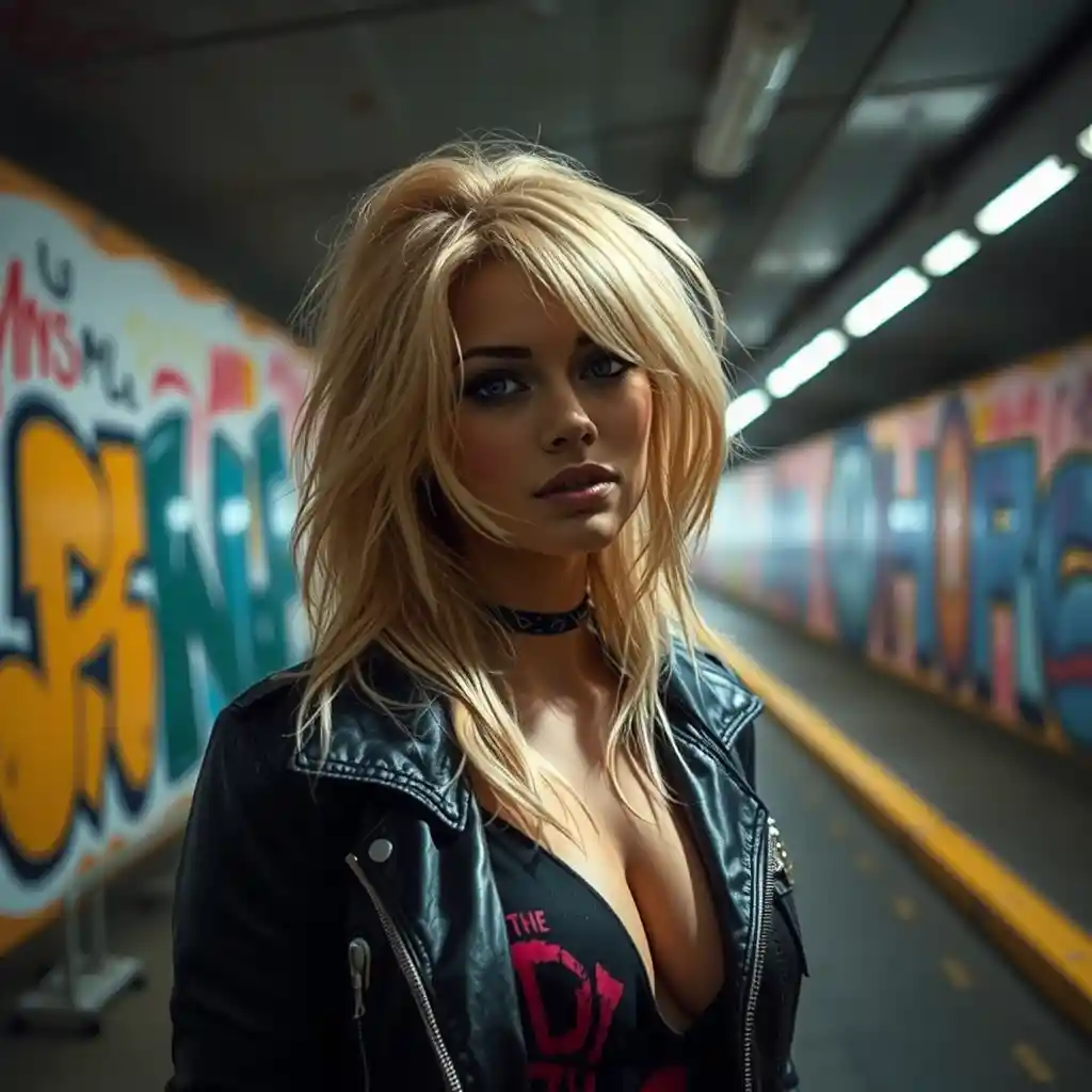 Actriz rubia en un grafiti aerografiado bajo un paso subterráneo urbano