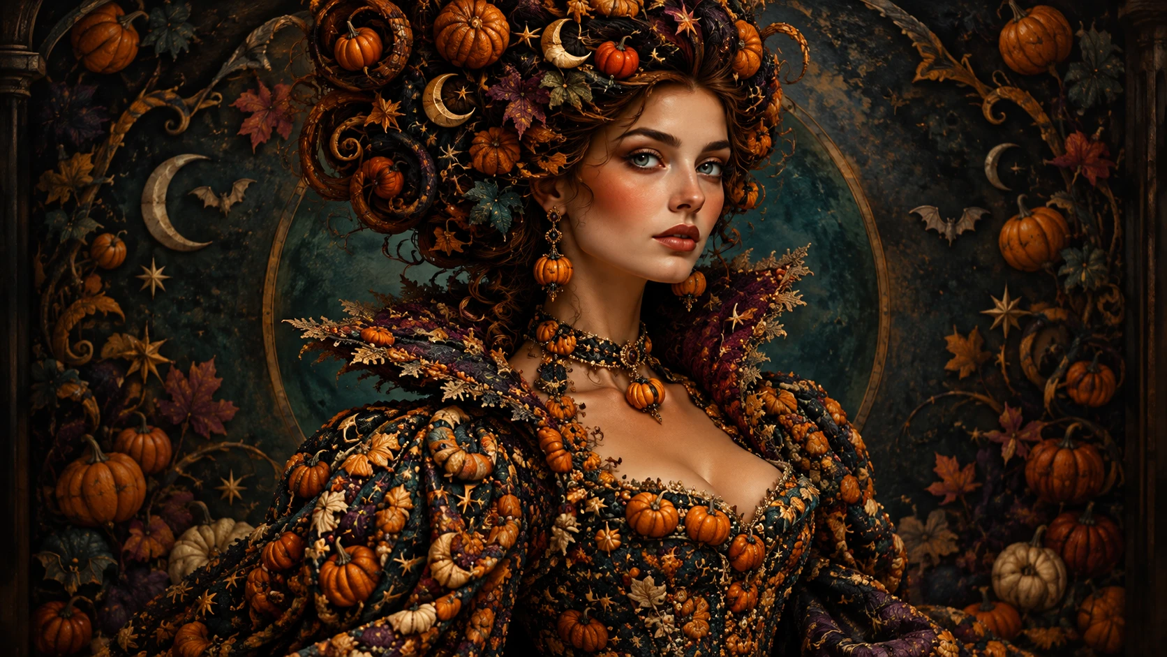 A regal woman with pumpkin vine hair and symbolic miniature motifs