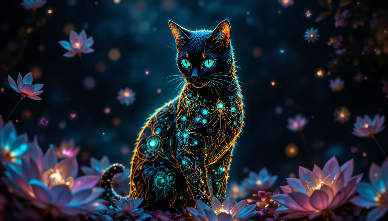 Chat mystique aux yeux émeraude lumineux dans un vide noir